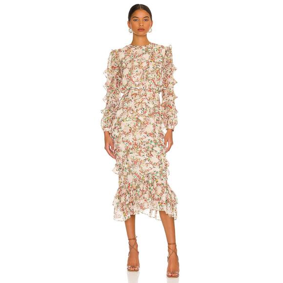 Saloni Victoria Floral Ruffled Silk Dress - 0 Amaryllis